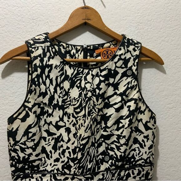 Tory Burch Black/off white Cotton/Silk Leather Trim Dress Sz 6 - Picture 4 of 9